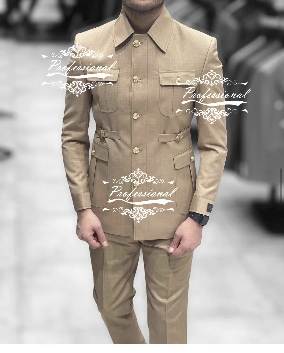 Khaki Men's Luxury Suit Blazer Trousers Coat Wearing Big Pocket Wear Tailored Safari Jacket 2pcs Adjustable Buckle Coat Pants