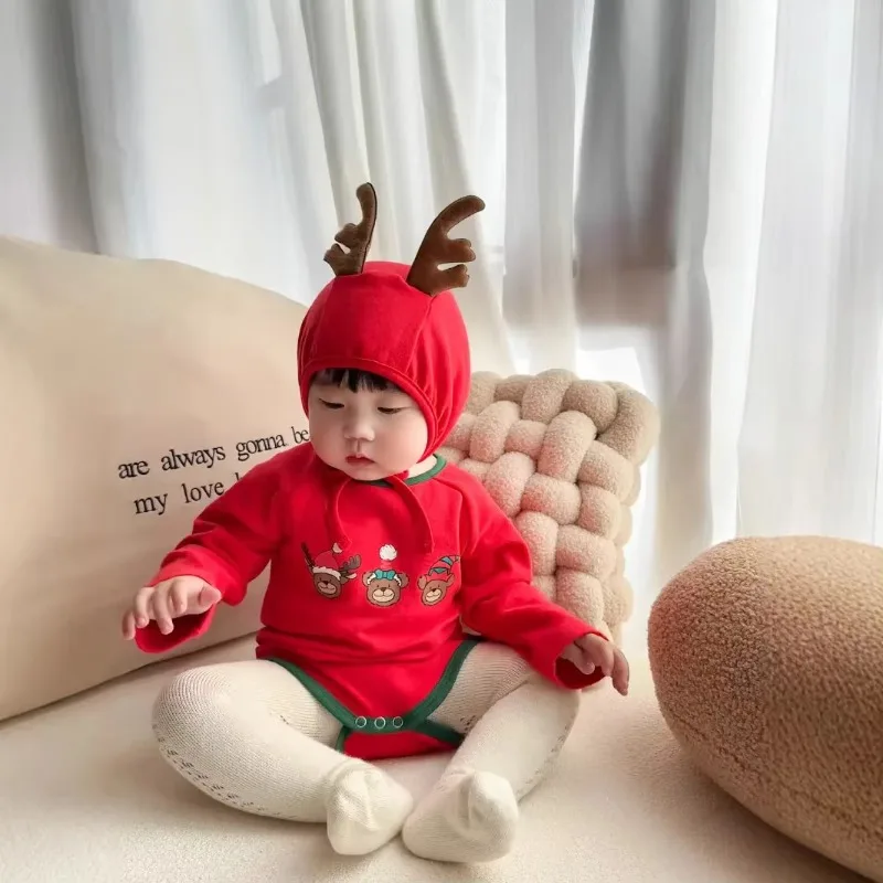 Autumn Winter Korean Baby Jumpsuit Deer Print Design Baby Romper Christmas Costume Long Sleeve Cotton Boy Girl Festival Jumpsuit