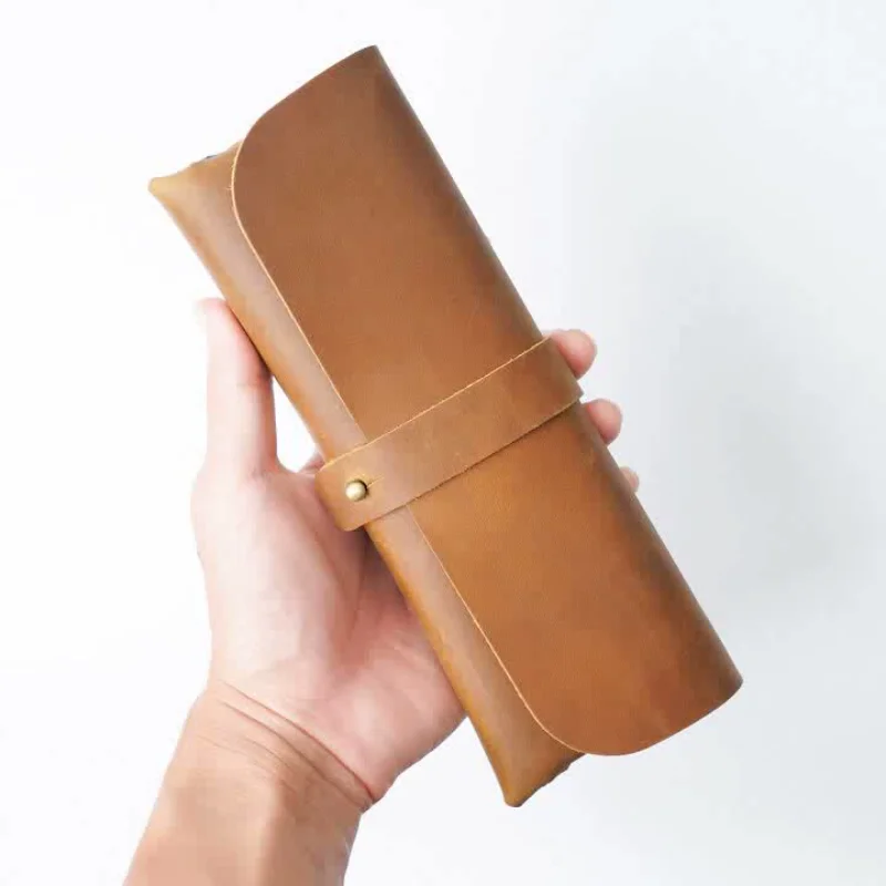 Estuche de lápices de Cuero 100% para hombre, bolsa de bolígrafos Retro para estudiantes, bolsa de almacenamiento de gran capacidad de papelería,