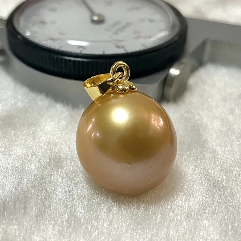 New Pendant for Women 17mm Sea Golden Pearls Round Pearl Fine High Quality Jewelry Gift for Women（with Chain）