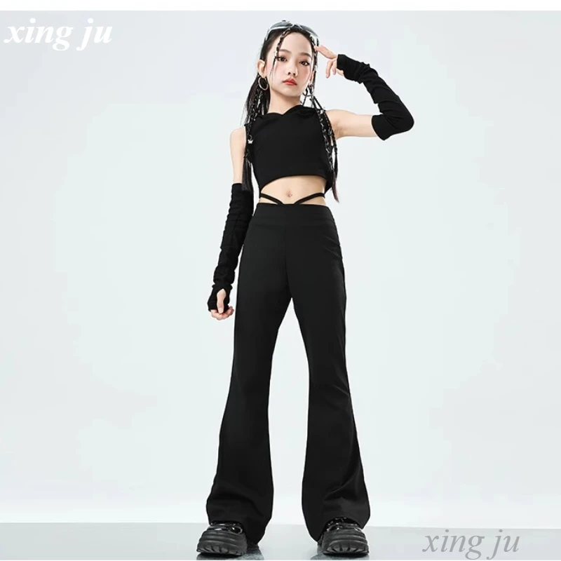 Girl Black Tight Flared Trousers Jazz Costume Children Street Dance Hip Hop Hooded Short Vest Kids Stage Performance Show Sets