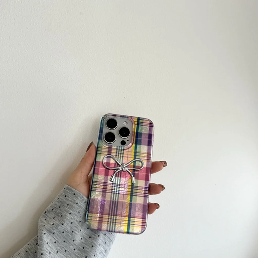 Illusion Color Purple Plaid Stereoscopic Bowknot Cover Case For iPhone 16 15 14 13 12 Pro Max Shockproof Protective Phone Case