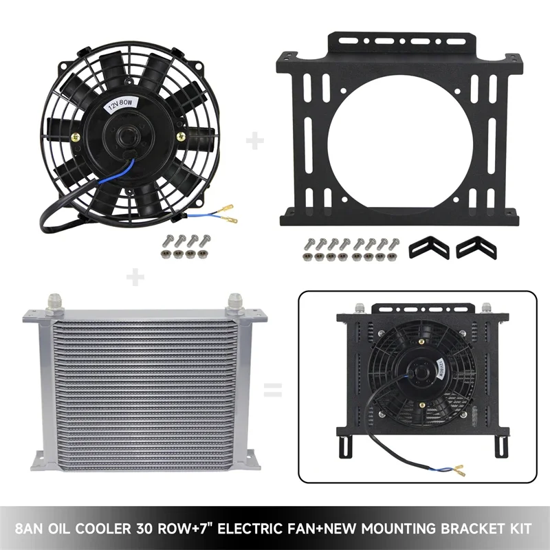 

7" Electric Fan Kit with New Type Mounting Bracket Kit + AN-8 3/4"-16 UNF 30 Row Oil Cooler Universal Transmission Aluminum