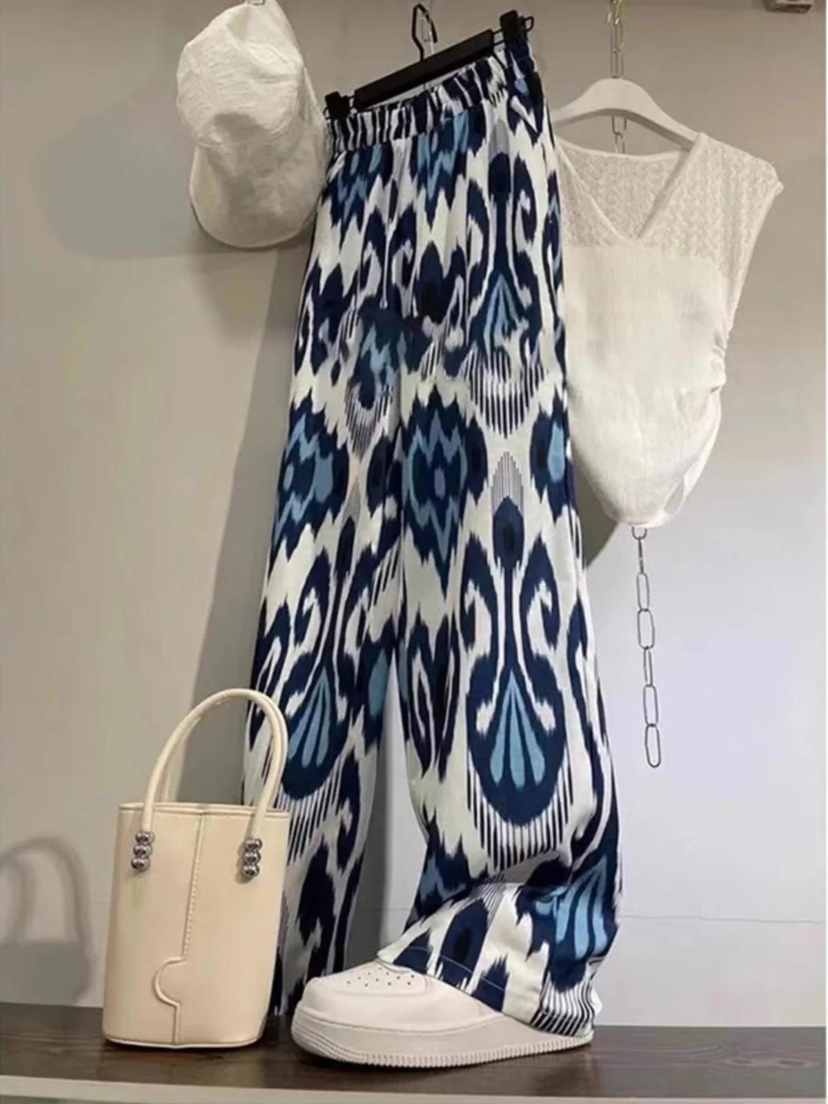 Laid-back Style Women's Wide Leg Pants Draped Dyed Ice Silk Floor-Length Casual Trousers High Waist Slimming Summer 2024