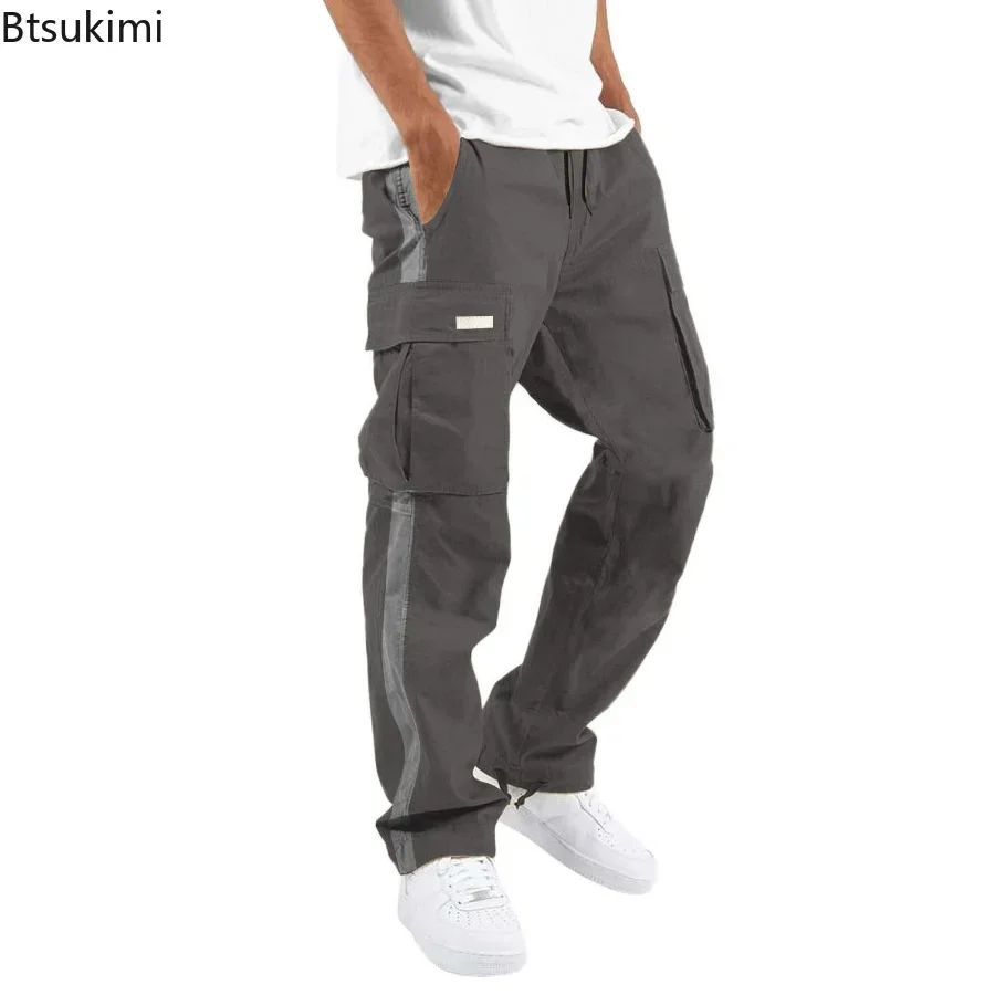 New 2025 Men's Casual Cargo Pants Trousers Stripe Regular Fit  Fashion Pants Male Jogging Cargo Pants Panel Pocket Trousers Man