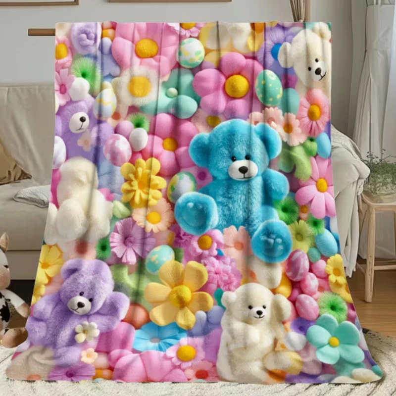 3D Fluffy Teddy Bear Color Floral Sweet Cartoon Lovely Pattern Soft Blanket Fit Living Room Bed Travel Multi-scene Home Daily