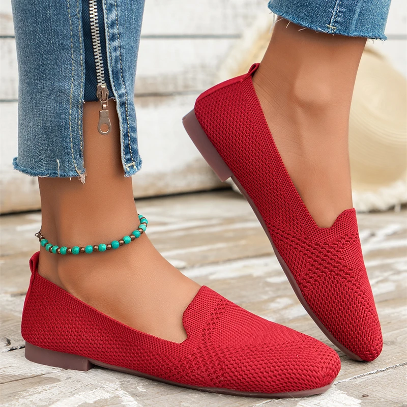 2024 Spring and Summer New Large Size Square Toe Flat Bottom Mesh Breathable Single Shoes Women\'s Slip-On Casual Shoes 5509