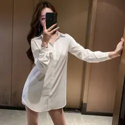 Casual Commuting Long Sleeved Medium Length Chiffon Shirt for Women's Spring Autumn New Loose Slimming Versatile Base Shirt Top