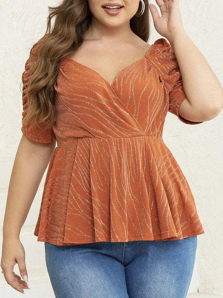 T-Shirts Orange Grande Taille pour Femme, Col en V Froncé, Manches Courtes, Taille Haute, Book plum, Dos aux, Décontracté, Club, Événement, Y-Blouse