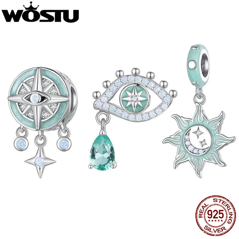 WOSTU 925 Sterling Silver Sun Moon Charms Star Compass Pendant Demon's Eye Beads Fit Orignal Bracelet DIY Necklace Birthday Gift