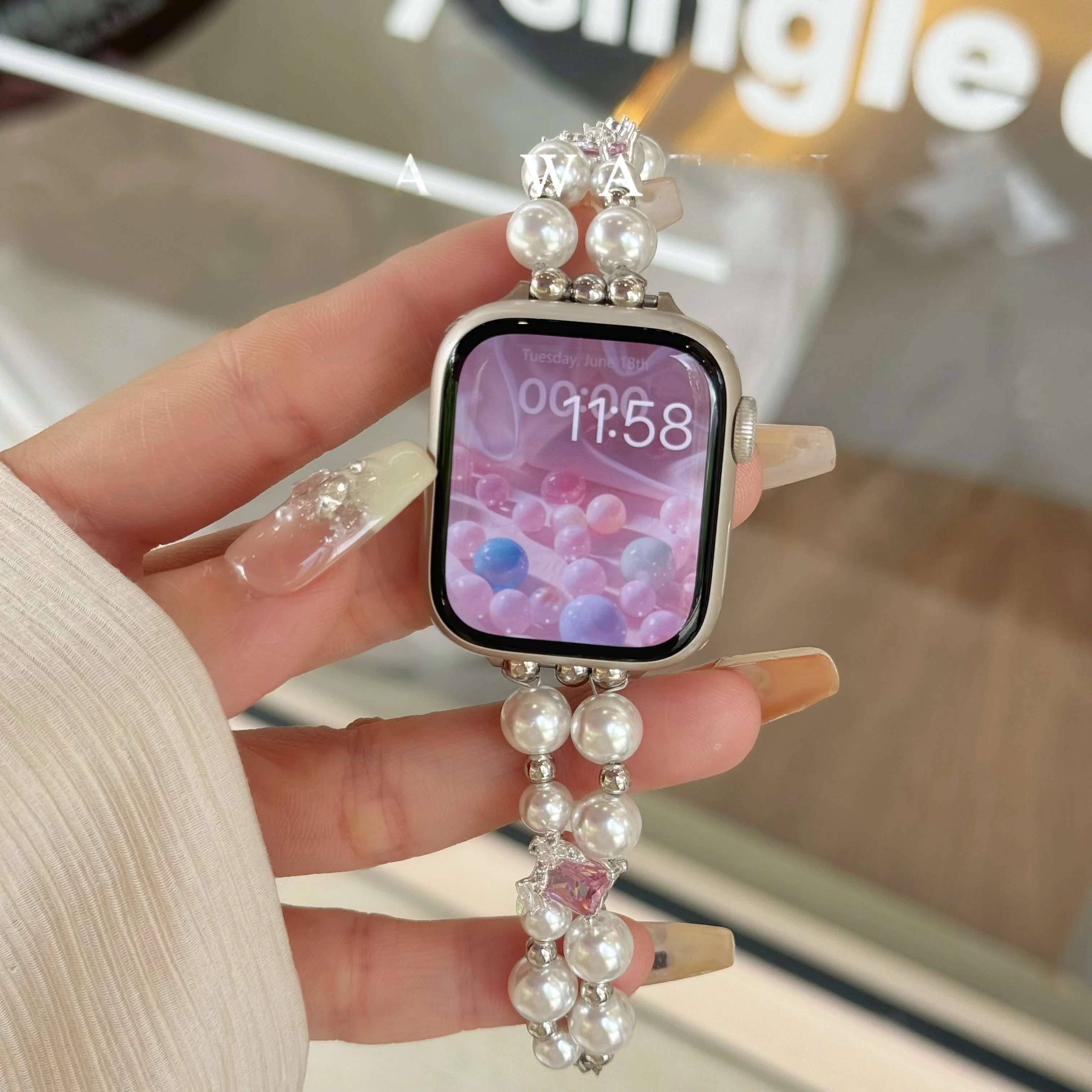 

Compatible with iWatch strap 38mm 40mm 41mm 42mm 44mm 45mm 49mm butterfly pink diamond pearl chain fashion strap