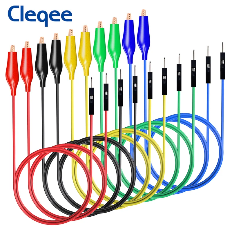 Cleqee P1533 10pcs Dupont Male to Alligator Clip Silicone Jumper Cable 26AWG Wire For Breadboard Oscilloscope Logic Analyzer