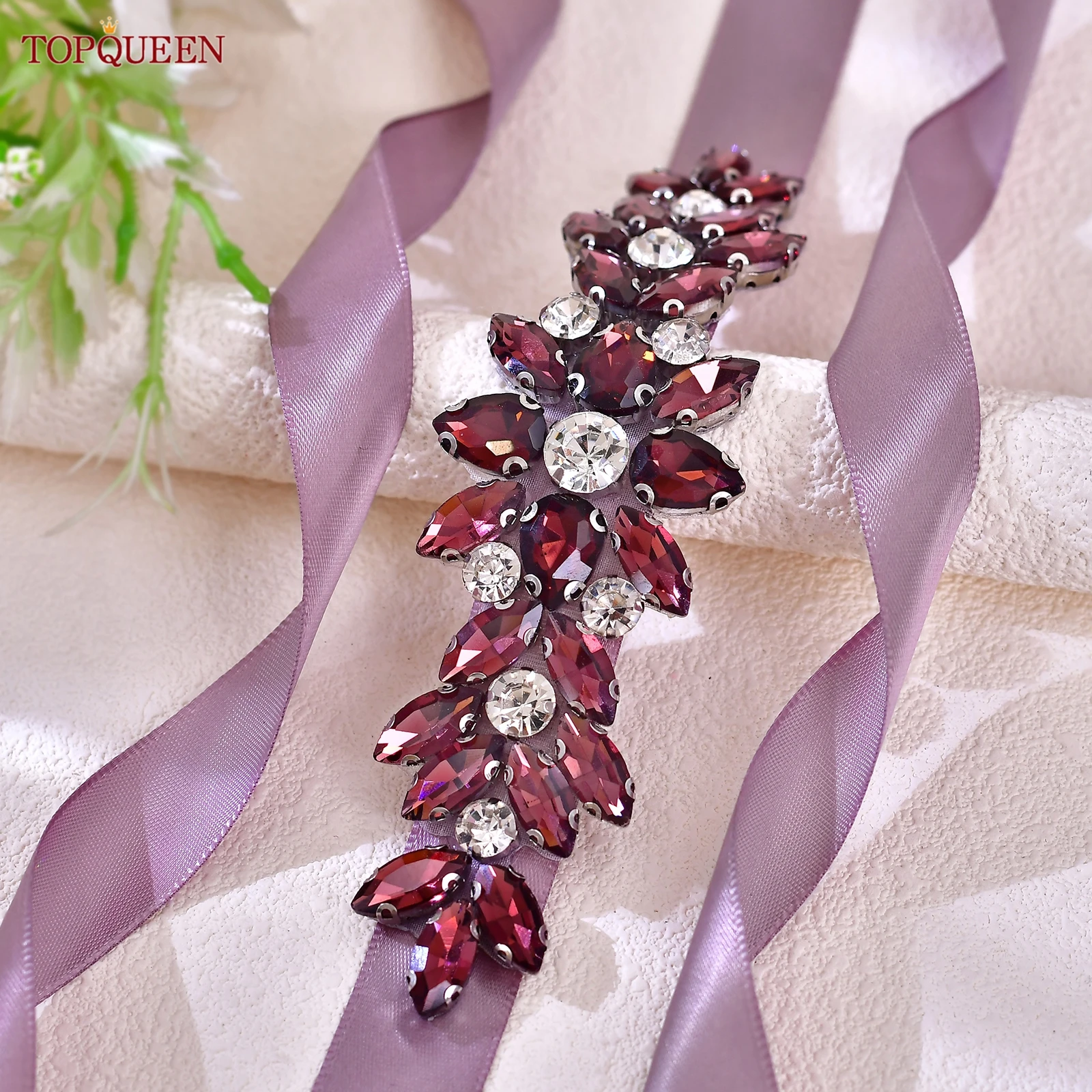 TOPQUEEN Purple Crystal Bridal Belt, Satin Ribbon Wedding Sash, Suitable For Prom, Birthday Parties And Holiday Gatherings S243