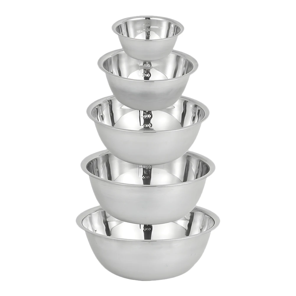 

5pcs Stainless Steel Bowl Set Salad Serving Food Storage Organizer Measurement Marks Dishwasher Safe Kitchen Prep Bowls