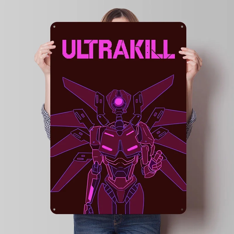 Ultrakill Roboter mit Flügeln Poster, personalisierte Vintage Metallschilder, Wandkunst, Retro Blechschild für Gaming-Dekoration, Zimmer, Haus, Zuhause