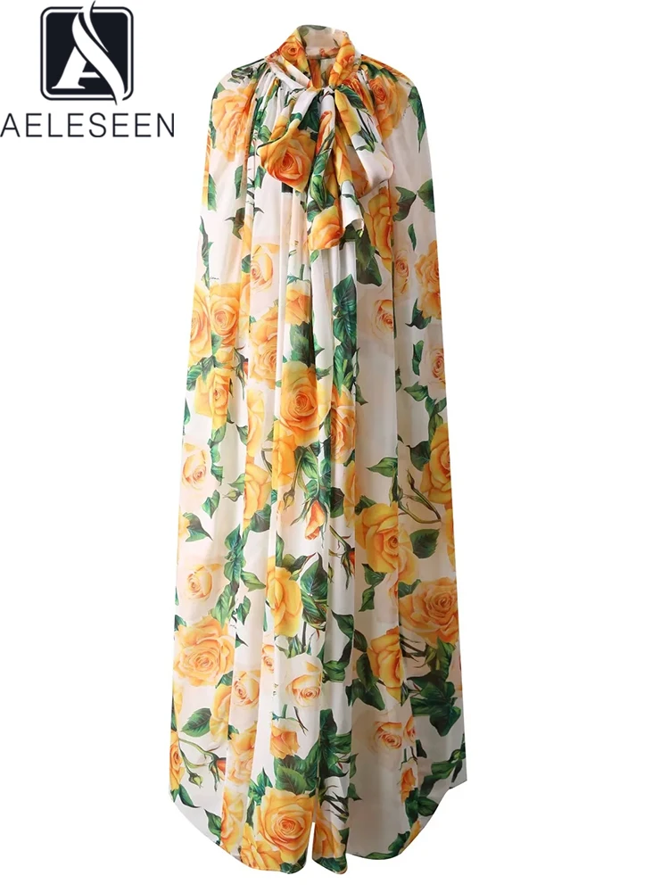 

AELESEEN Sicilian Summer Long Capes Spring Summer Bow Romantic Yellow Rose Flower Print Elegant Cloak New Shawl Holiday Ponchos