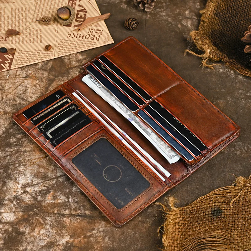 Genuine Leather RFID Blocking Long Wallet for Men Vintage Style Cowhide Checkbook Holder