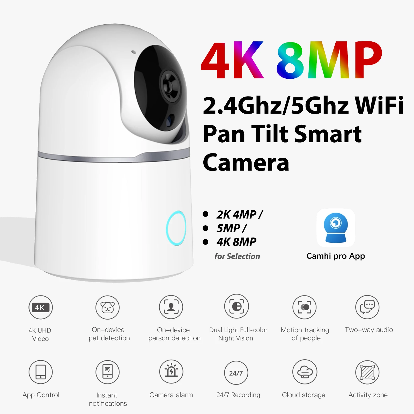 Caméra WiFi intelligente à double bande, lumière touristique, vision nocturne couleur, clic et appel, audio bidirectionnel, alarme push, 4K, 8MP,