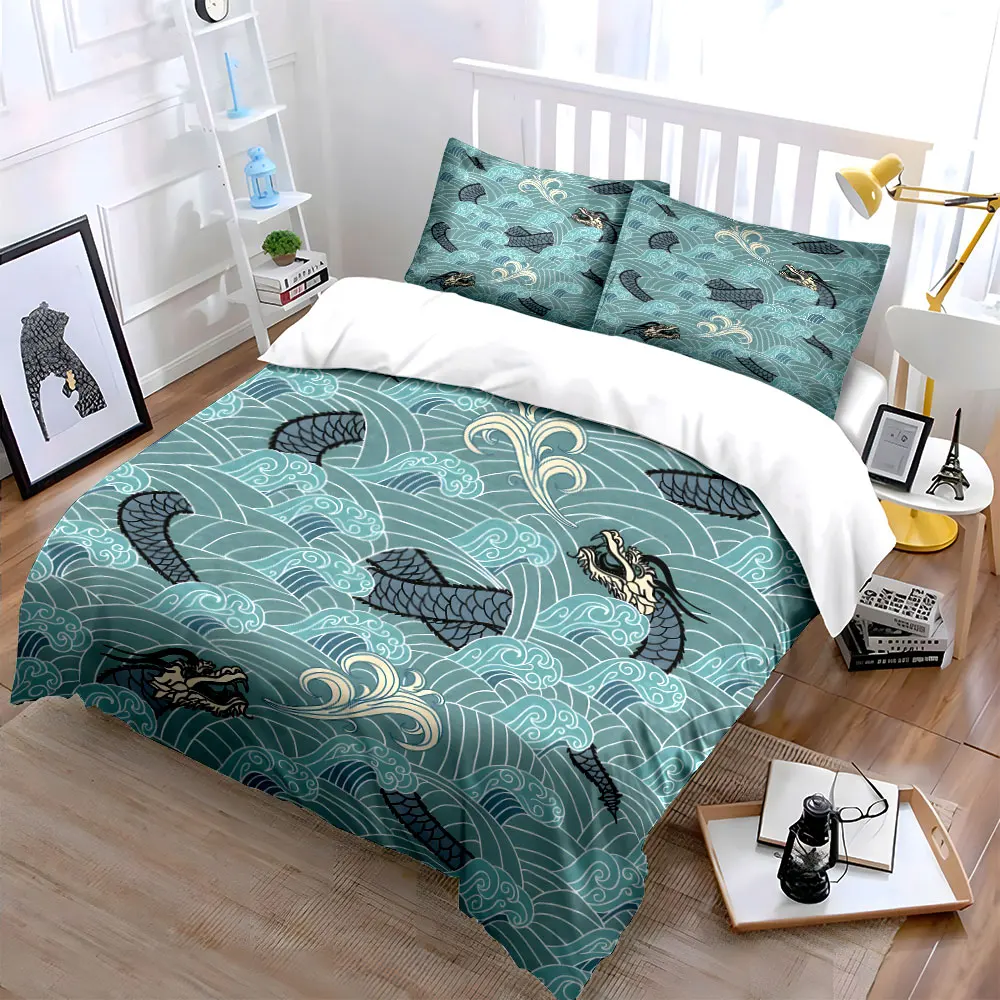 Dragon and Waves Artistic Pattern Print Bedding Set 1 Duvet Cover 2 Pillowcases for Adult and Children Luxury Gift Full Size