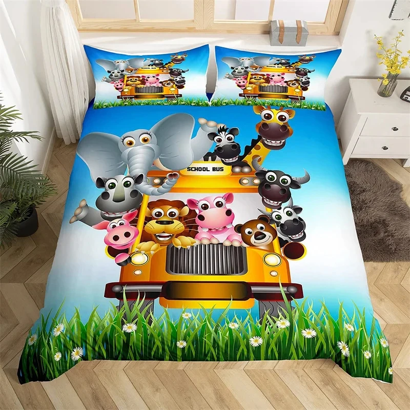 Funny Cartoon Animal Duvet Cover King Colorful Jungle Animals Bedding Set Microfiber Panda Elephant Quilt Cover Zoo Party Decor