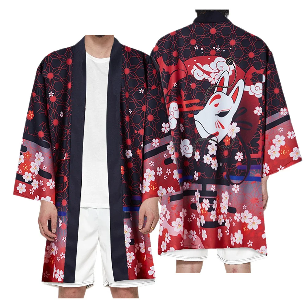 Japanese Fox Samurai Print White Kimono Streetwear Cardigan Beach Yukata Men Women Cosplay Haori Harajuku Tops Asian Clothing