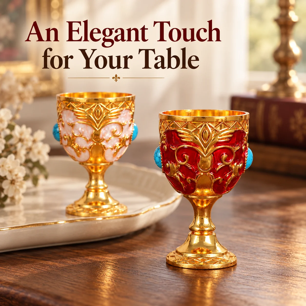 Vintage Mini Goblet Cup Gold Tone Ornate Metal Shot Glass with Blue Decorative Stones Retro Table Decor