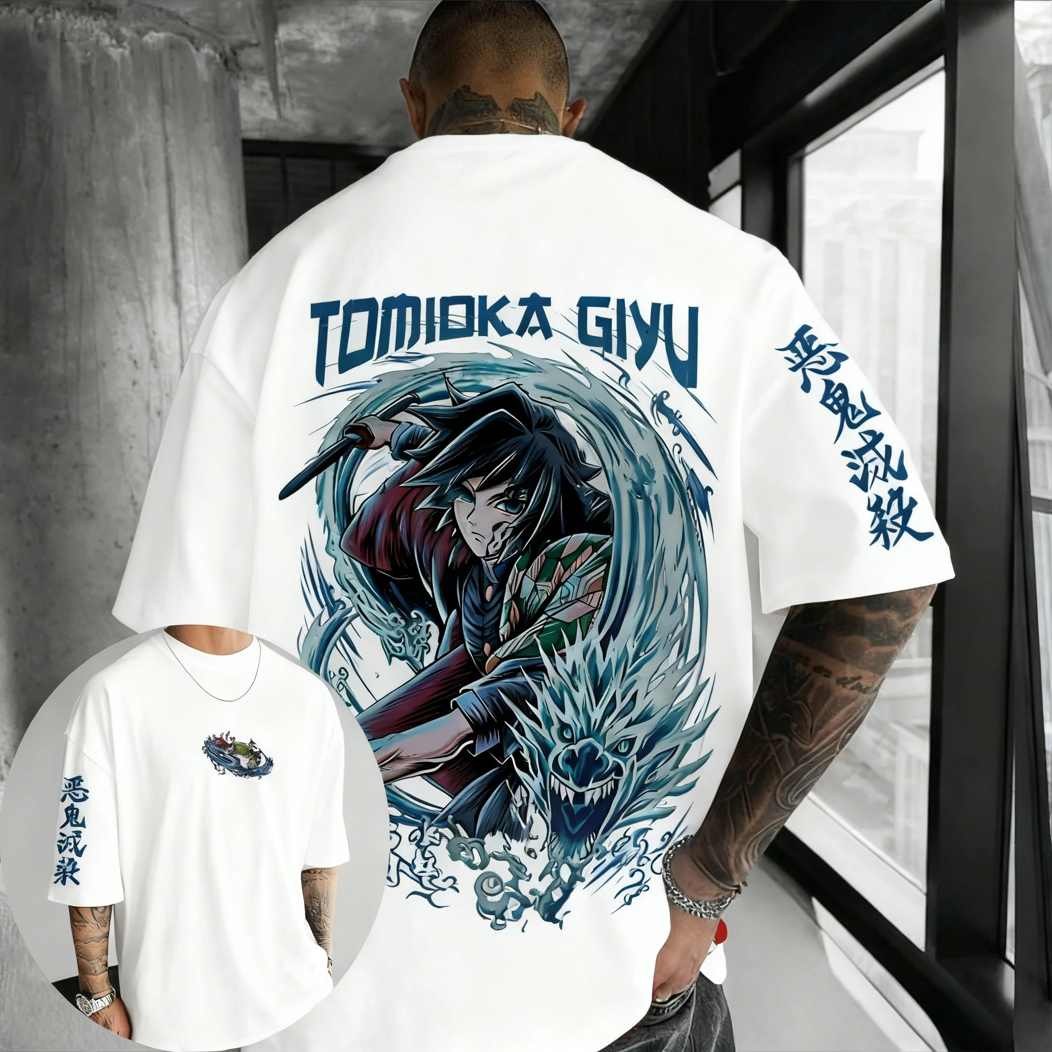 شيطان القاتل أنيمي Tomioka Giyuu تي شيرت مطبوع 2026 الرجال الخريف/الشتاء Harajuku جديد كبير اليومية عادية الوالدين والطفل #5