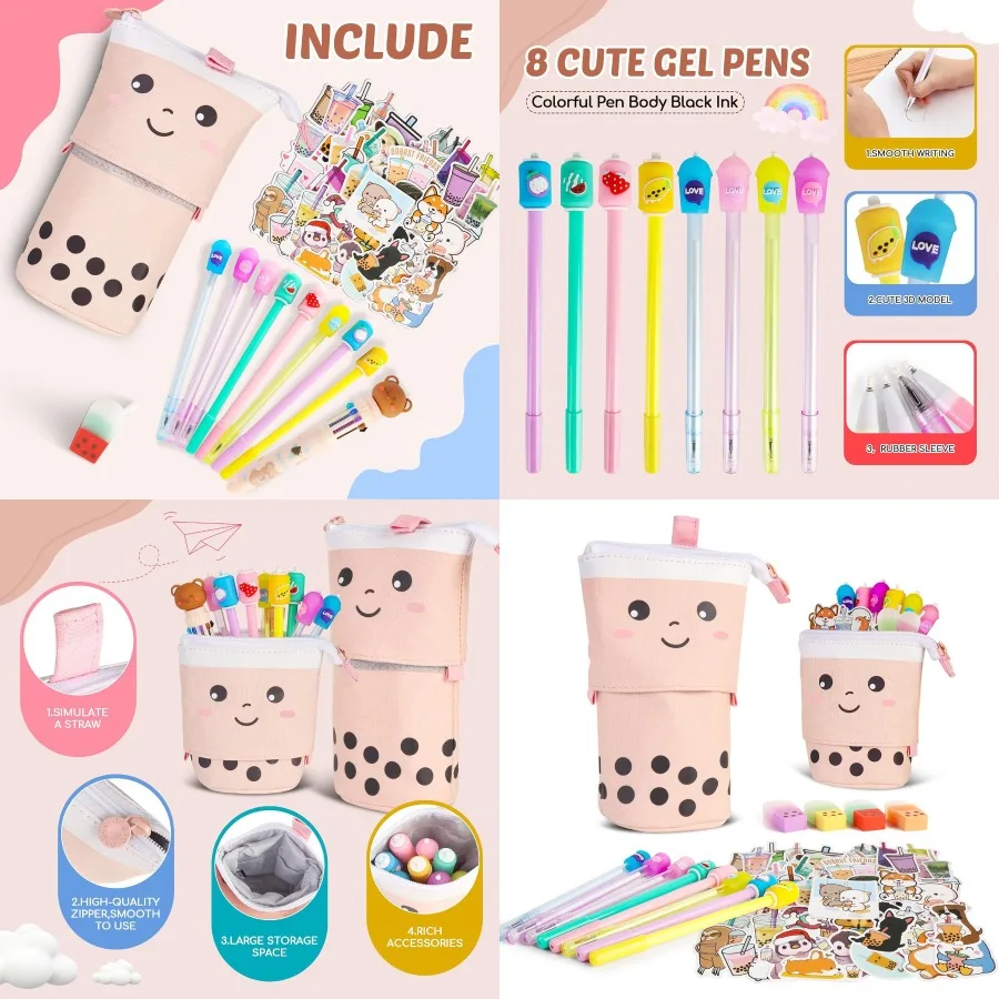 

Primo Lines Bubble Tea Stationery Set 61 PCS Kawaii School Supplies Boba Pencil Case for Girls with 8 Pens 50 Stickers Pop Up P