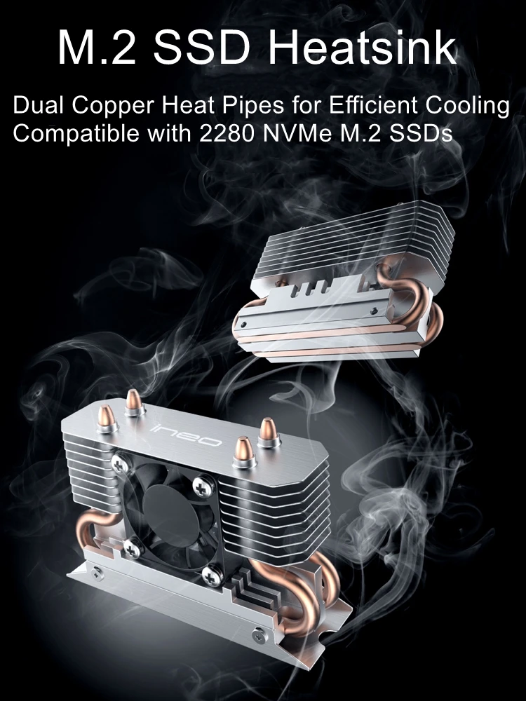 Smart Speed-Adjusting Fan with Dual Composite Copper Tubes and Double-Sided Heat Sink Fins NVMe SSD Cooling Armor