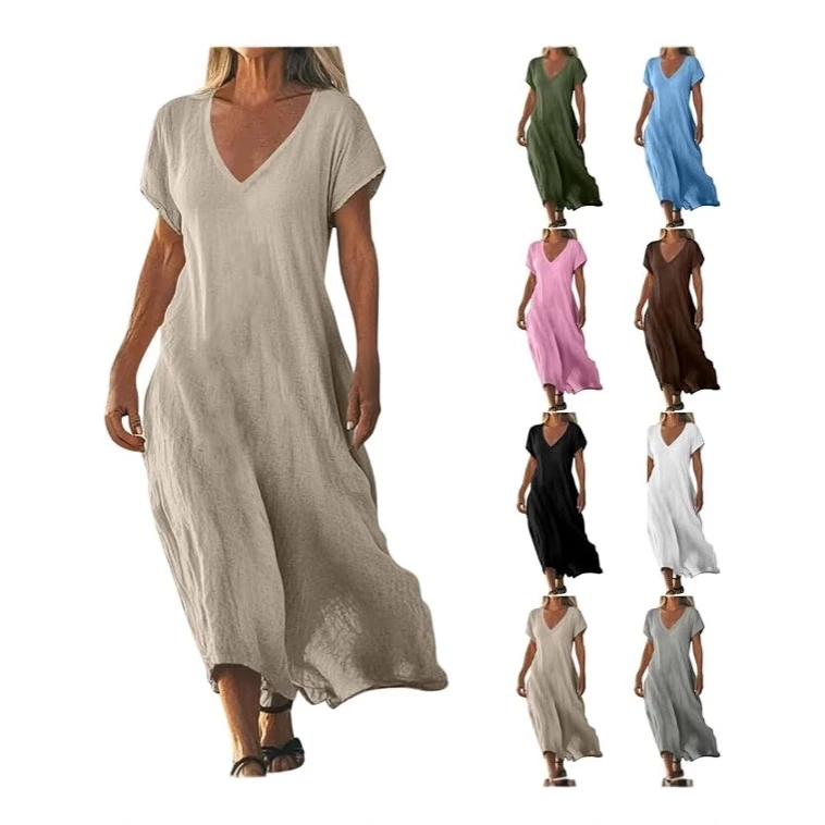 Loose Cotton Linen Women's Dress V-Neck  Color Casual Comfortable A-Line Skirt for Commuting Business Traveling Shopping