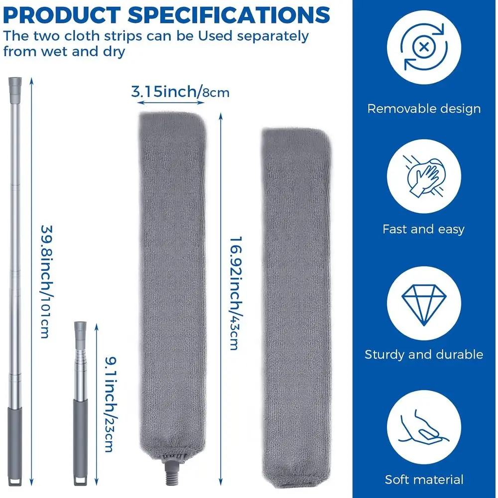 60-inch Retractable Microfiber Dust Cleaner with 2 Washable Cloths for Appliances and Furniture