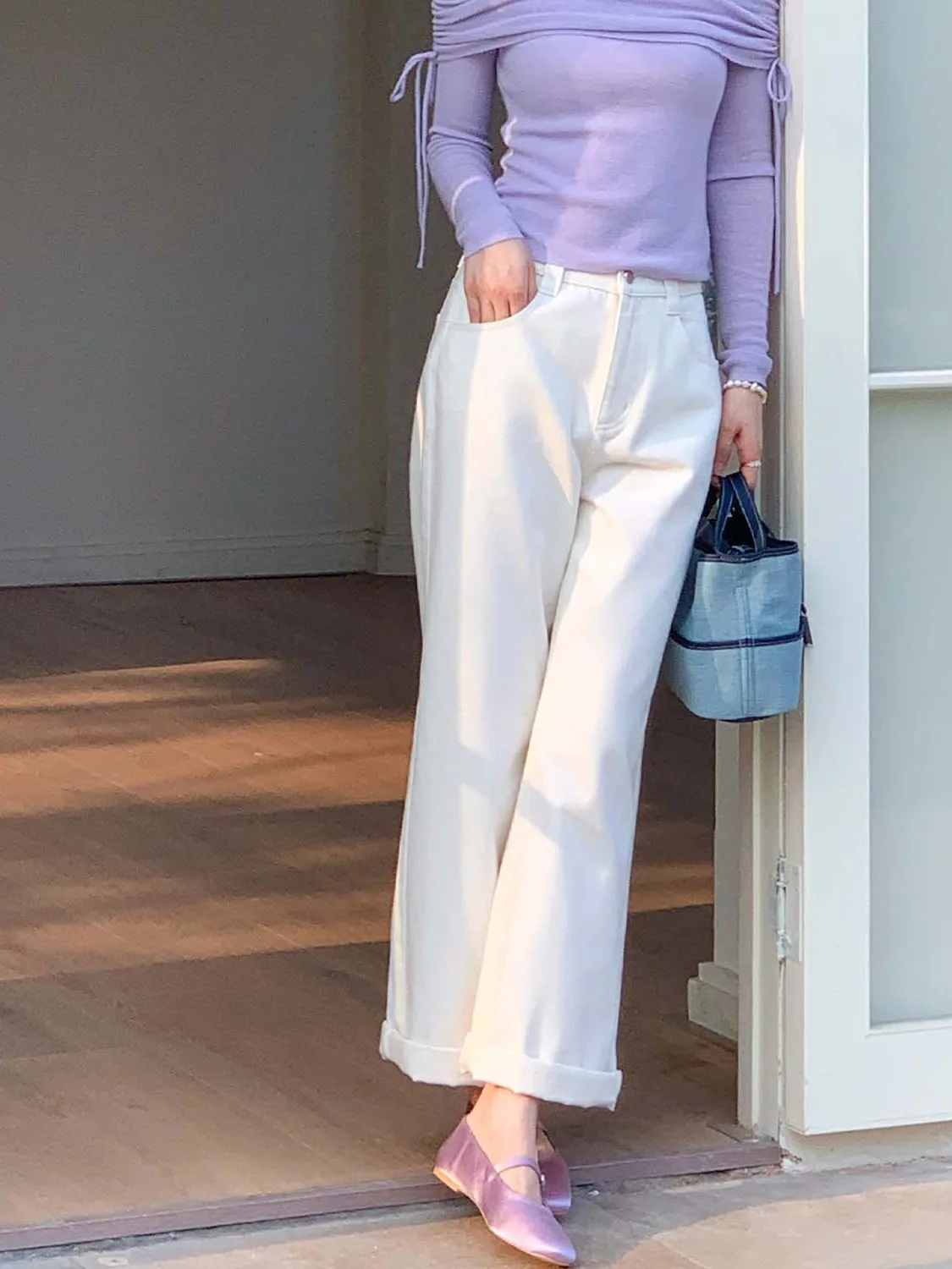 

Ice Extracted Denim High Waist Straight Leg Cotton Casual Pants White Versatile Spring Season Ladies Jeans All Match