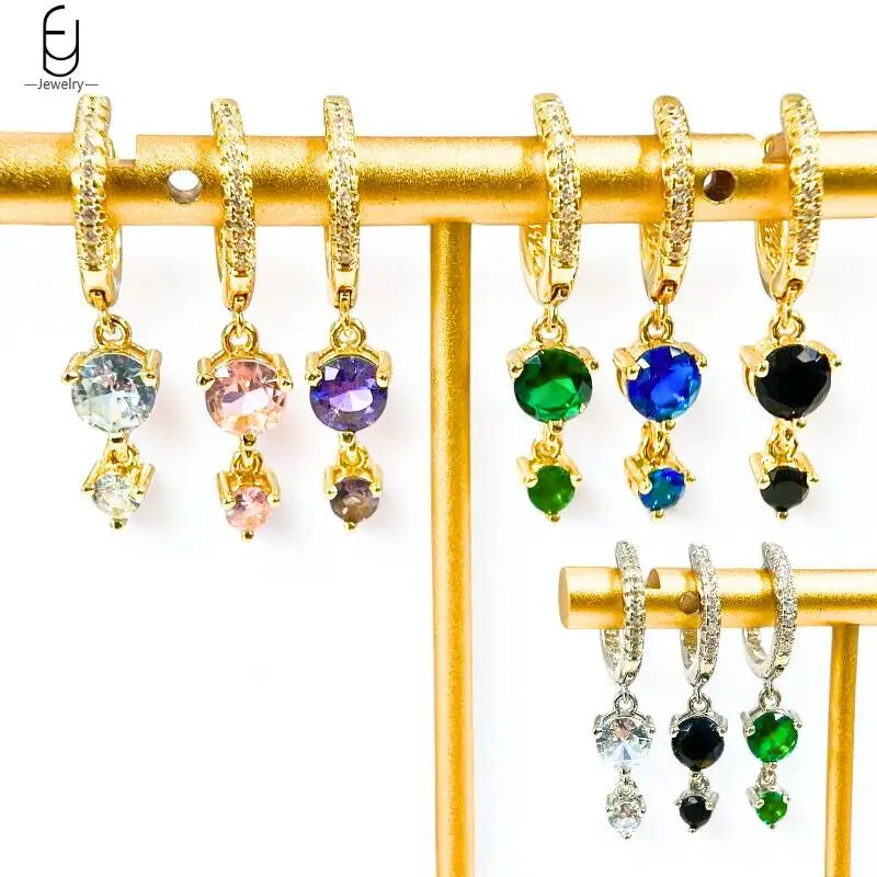 

925 Sterling Silver Needle Colorful Zirconia Earrings for Women Exquisite Double Round Shape Pendant Earrings Fine Jewelry