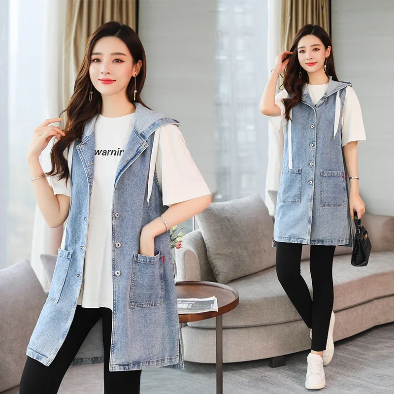 2024 New Top quality Spring Autumn Women vest denim Female jacket Fashion long Sleeveless Waistcoat sherpa vest