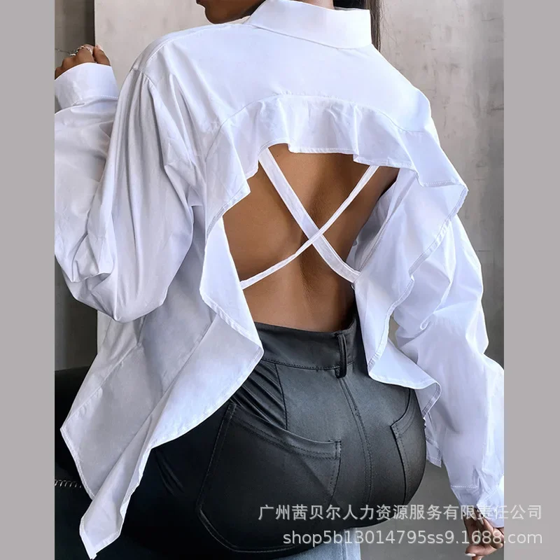 Women Sexy Shirts Backless Solid Turn Down Collar Spliced Blouses Elegant Full Sleeve Shirt Outwear Streetwear Office Lady