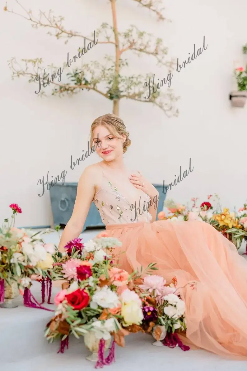 V-neck / Transparent Back Bridal Ballroom Dress Full A-line Wedding Dress Hand Embroidered Tulle Voluminous Wedding Gown