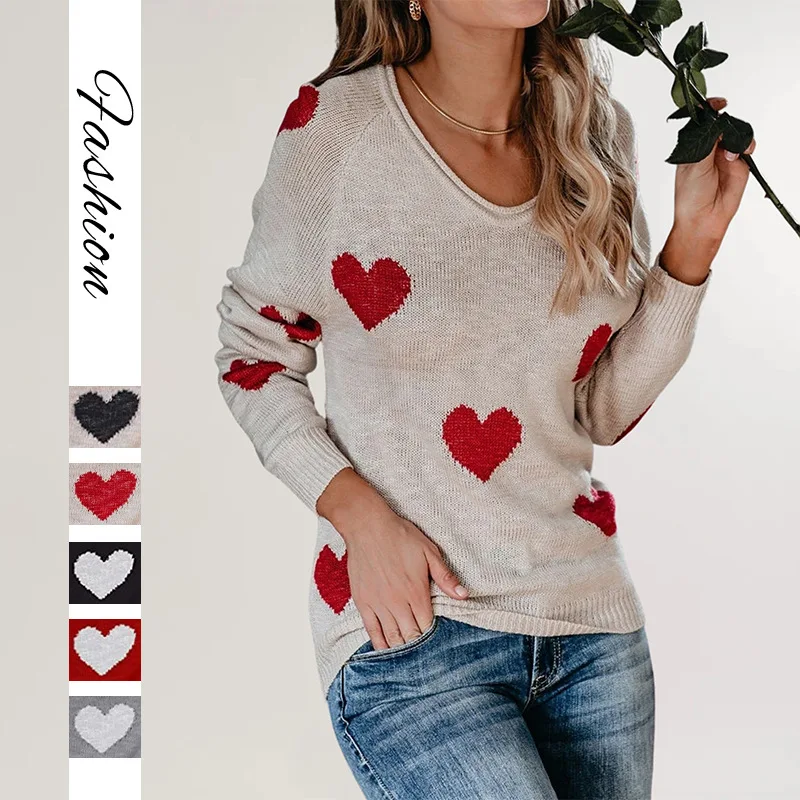 

Autumn New Love Sweater for Women Valentine's Day V-neck Knitted Korean Fashion Tops Long Sleeve