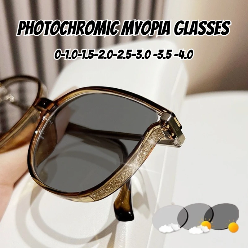 

Large Frame and Colorful Color Changing Eyewear Ladies High-end Short Sight Glasses Fashion Diamond Photochromic Myopia Glasses