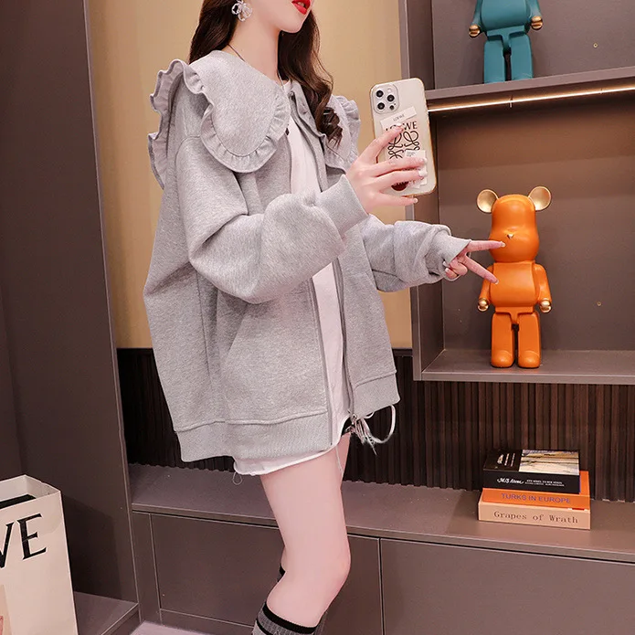 Doll Collar Embroidery Versatile Cardigan Jacket Women's 2025 Autumn New Loose and Thin Foreign Wear Cardigan Sweatshirt