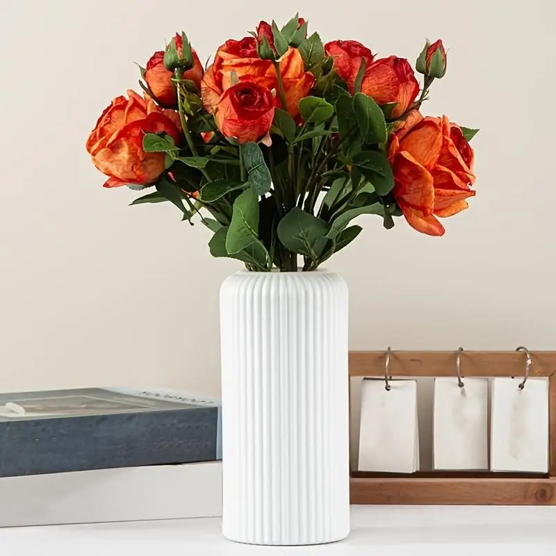 New Chic Striped Ceramic-Look Plastic Vase For Flowers - Durable, Easy-To-Place Decorative Floral Display Piece