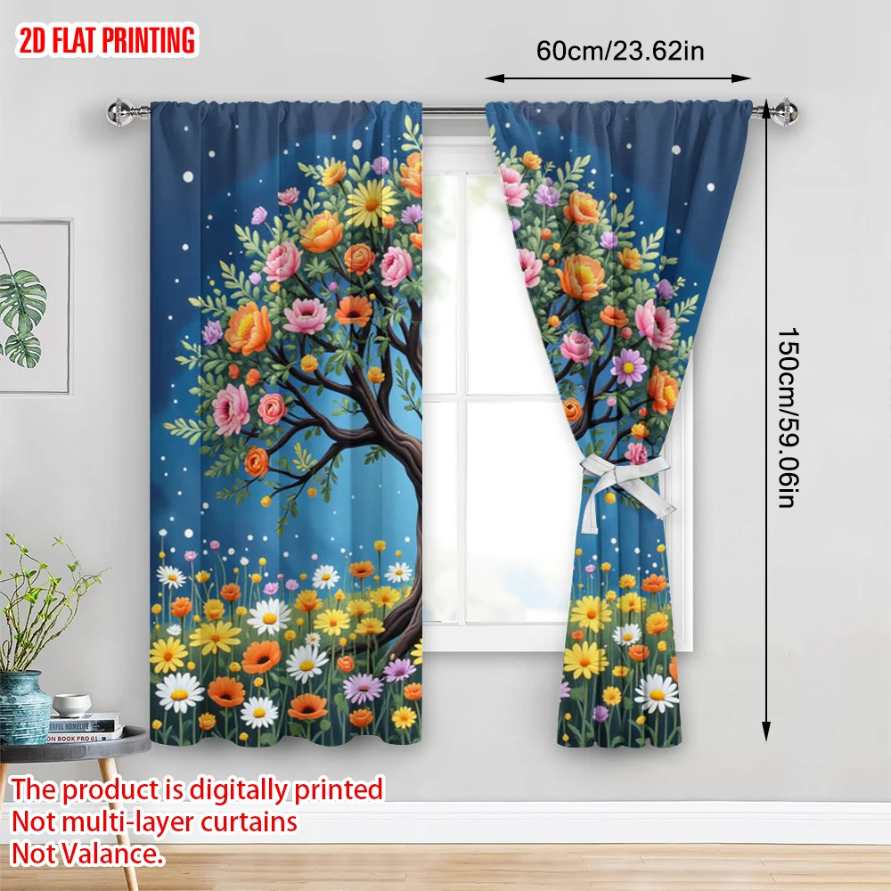 2pcs 2D flat printing Window Treatment Curtains Colorful Floral Tree Daisies Sky Digital Printed Polyester Drapes Seasonal Party