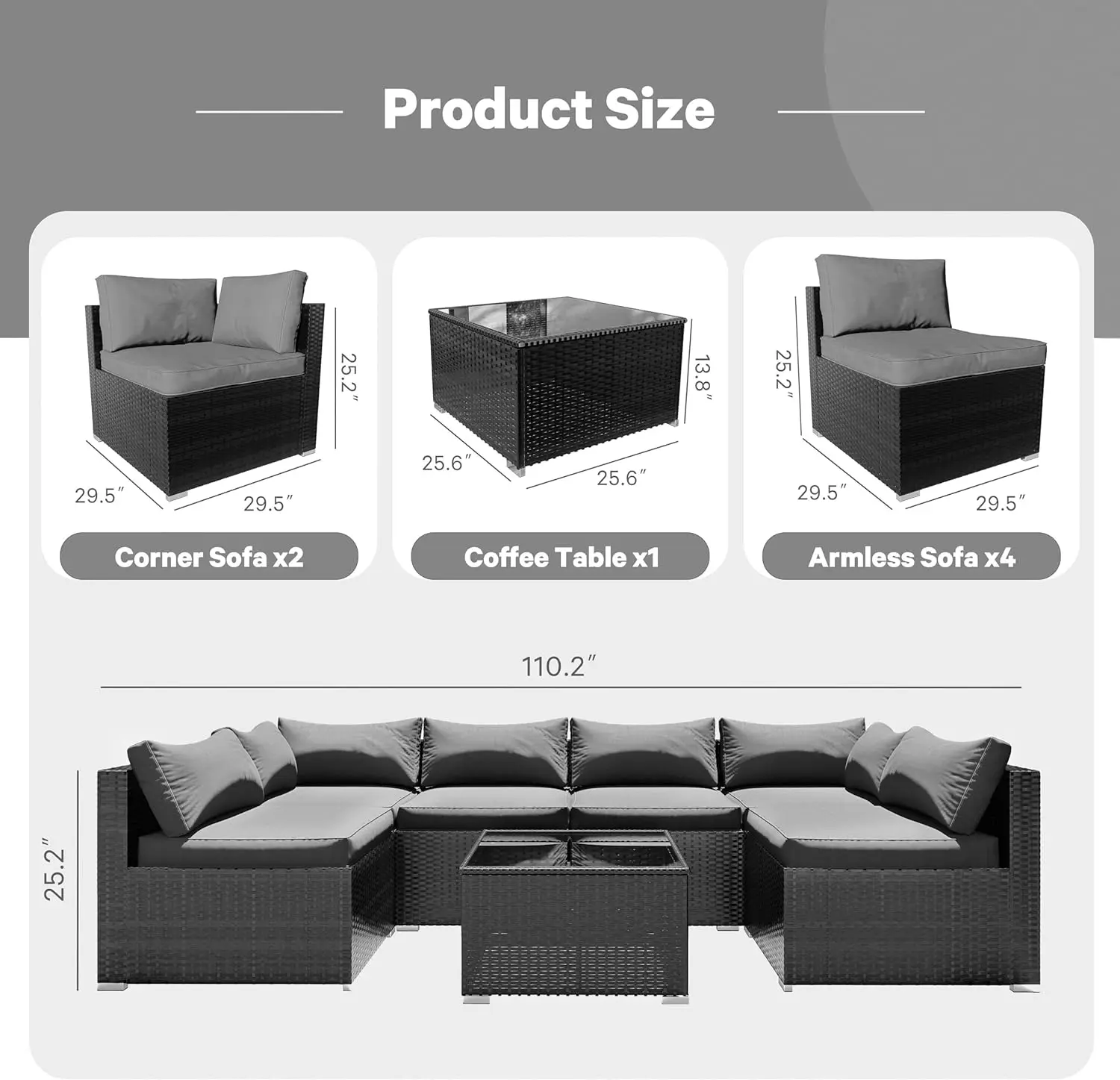 Set furnitur teras 7 buah, furnitur anyaman rotan bagian luar ruangan dengan bantal dan meja kaca, Set percakapan teras