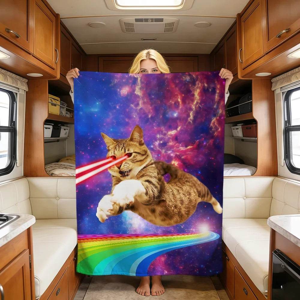 Space Cats Abstract Funny Meme Rainbow Art Soft Warm Plush Blanket Dorm Sofa Living Room Pet Hogar Bedroom Gift Nap Home Flannel