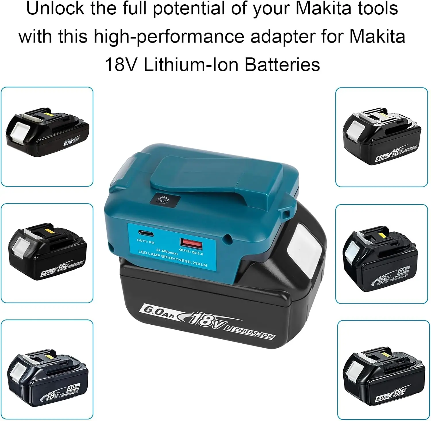 Akku-Adapter für Makita 14,4 V 18 V Akku, umwandelbar in DC 12 V 3 A PD 22,5 W QC3.0 USB-Blitzlicht