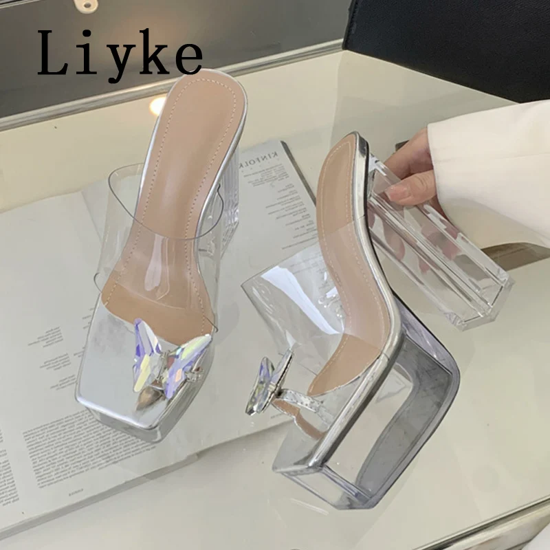 Liyke Sexy 14CM Transparent High Heels Platform Slippers Fashion Butterfly Clip Toe Clear Shoes For Women Sandals Zapatos Mujer