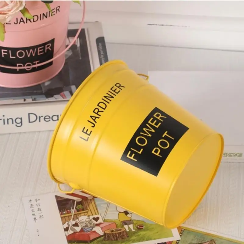 H8WB Multipurpose Small Iron Flowerpot Plant Pot Decorative Bucket with Handle Lightweight Stand Bucket for Home Display
