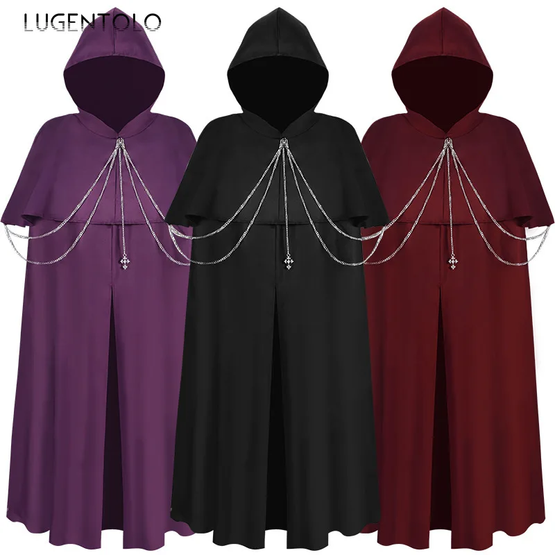 

Women Medieval Capes Renaissance Party Cloak Halloween Retro Hooded Stage Cosplay Men New Cross Chain Ponchos Long Coat