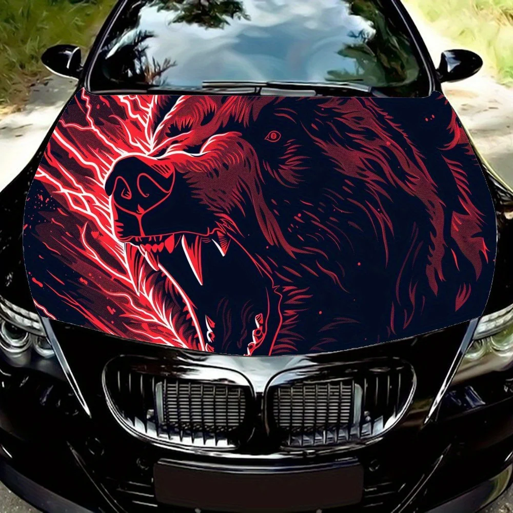 

Striking Red Bear with Lightning PVC Car Vinyl Wraps, Self-Adhesive Waterproof Car Hood Decal Sticker, Car Decoration Protection