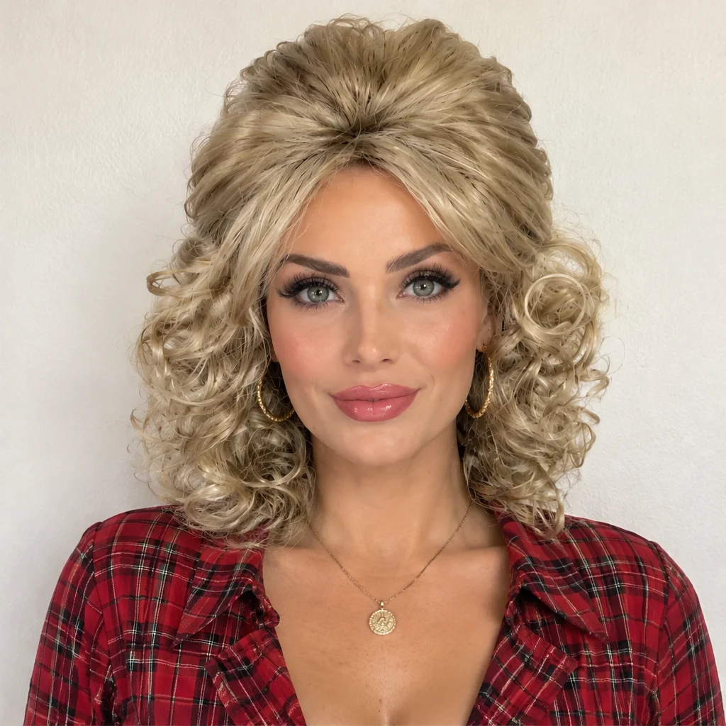 REEWES 16inch Blonde Curly Wig With Bang 60s 80s Bouffant Beehive Style Miss Dolly Halloween Costume Party Wig Synthetic Hair