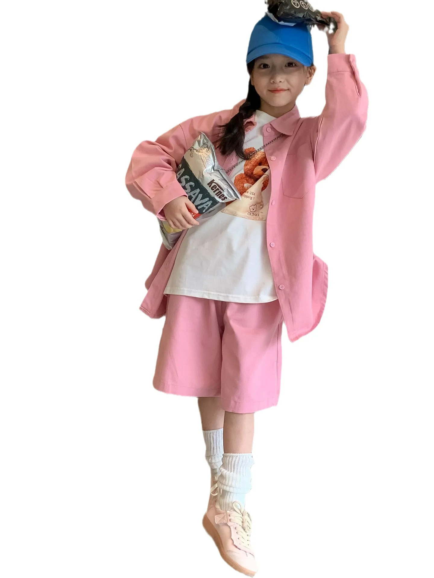 Autumn Dopamine Girls Wear Washed Cotton Twill Shirt Coat+Shorts Set  kids clothes two pcs set kids boutique clothes